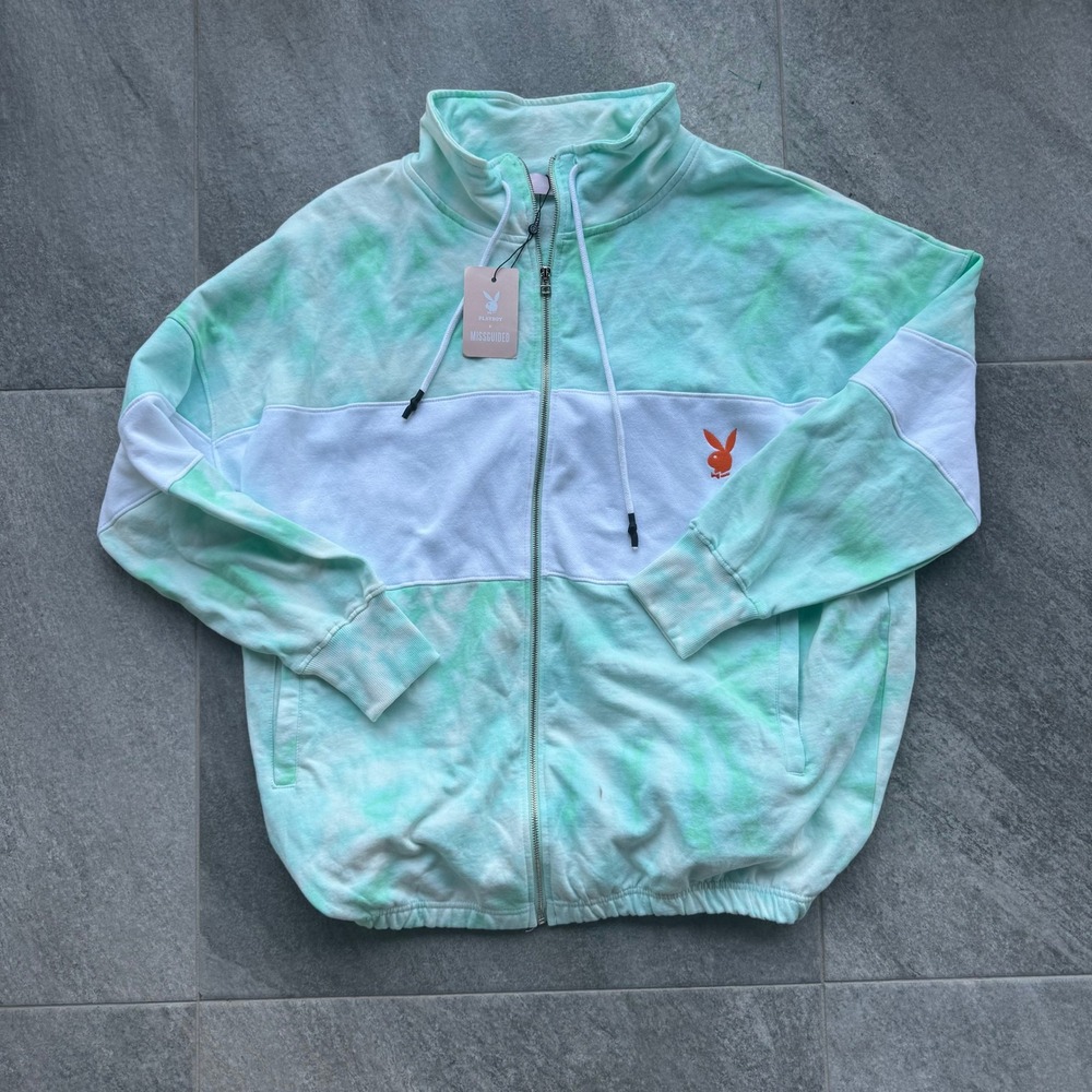 Playboy x Missguided Women's Size XL Tie Dye Zip Up Sweatshirt Green White NEW